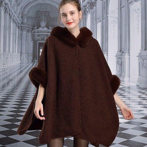 Mode Winter Schal Cape Damen Kapuze Pelzkragen Faux Wolle Kaschmir Poncho Mantel - Bild 3 von 11