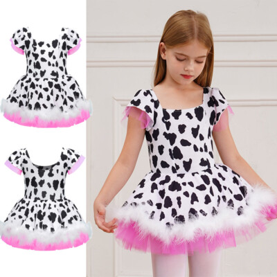 Kids Girls Costume Cow Print Skirt Short Sleeve Dress Skating Square Neck Tutu
