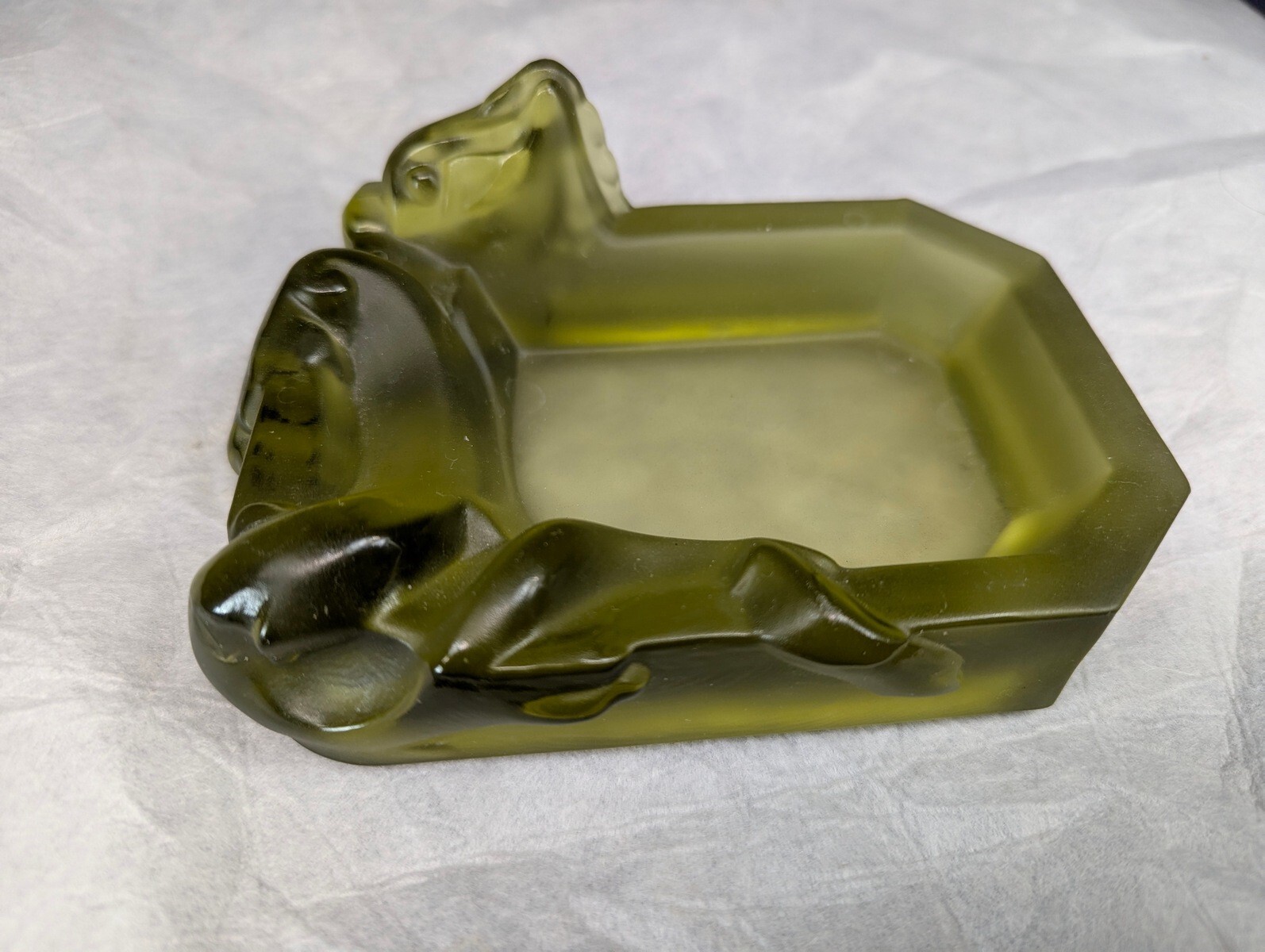 Imperial Glass Wu Ling Avocado Green Satin Glass Ashtray Trinket Dish 1960s EXC