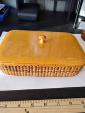 Table Top Wicker Wood Basket With Lid Has Nice Weaving Small Brads