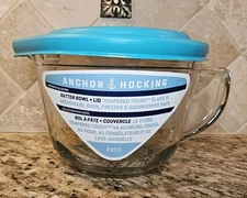 Anchor Hocking Glass Mixing Batter Bowl with Lid 2 Qt - New - Turquoise/Teal Lid