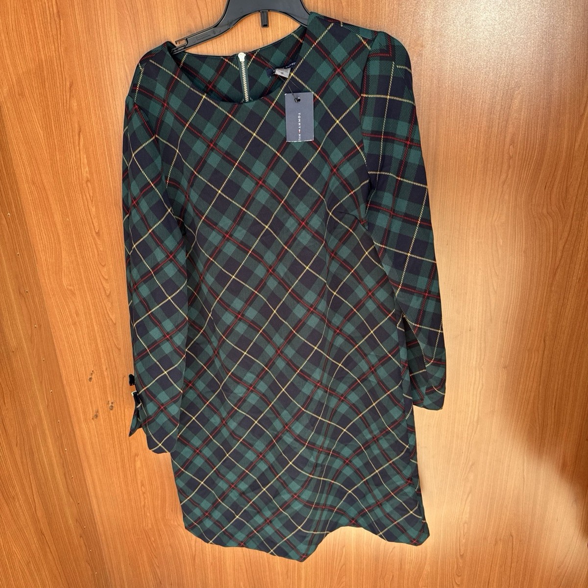 Tommy Hilfiger Womens Plaid Long-Sleeve Bow-Cuff Dress - Cypress Multi