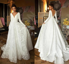 Designer Long Sleeve Wedding Dresses Lace V-neck Princess Wedding Dresses Gowns