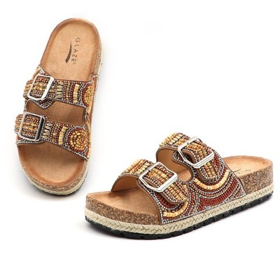 Lurnyet Women's Beaded Sandal Buckle Cork Footbed Slides Bohemian Style