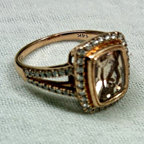 LeVian 14k Rose Gold Cushion Natural Champagne Morganite Diamond Halo Ring 7