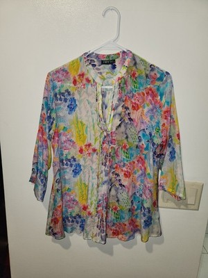 AP NY Size L Tie Neck Floral Colorful 3/4 Sleeve Lightweight Top/Blouse*EUC 