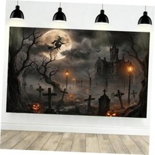 Halloween Banner Spooky Witch Castle Photo Backdrop Fabric 6x3.6ft Night Witch