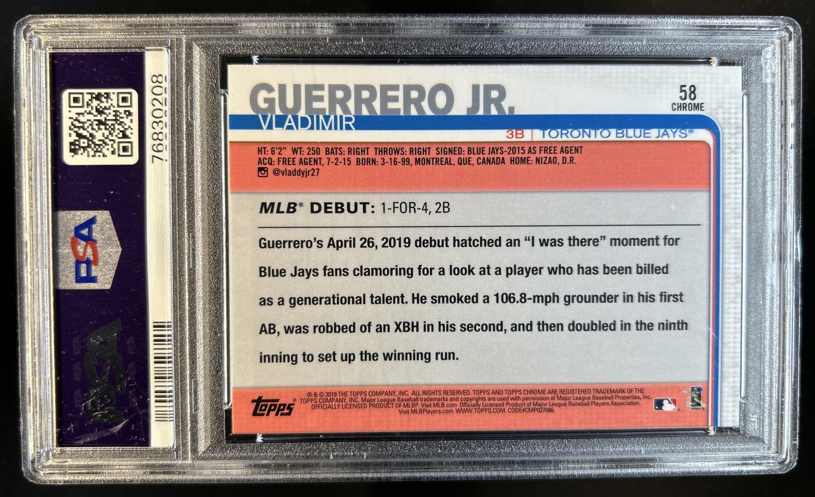 2019 Topps Chrome Update Vladimir Guerrero Jr. Rookie RC #58 Blue Jays PSA 10 view 2