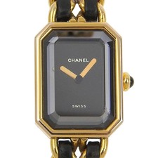 CHANEL Premiere L Watch H0001 Gold Plated x Leather Black Quartz Analog Black Di