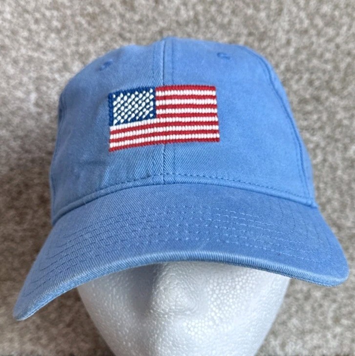 Harding Lane Needlepoint Hat Adult One Size Blue Canvas USA American Flag Strap