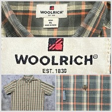 Woolrich Men Size XL Short Sleeve Button Down Cotton Shirt Olive Orange Plaid