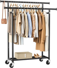 Clothes Rack, Double Rods Rolling Clothing Rack for Hanging Clothes, Portable Ga