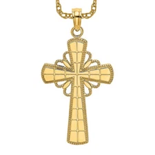 10K Solid Yellow Gold Beaded Edge Grid Heart Celtic Iona Cross Necklace