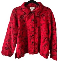 Coldwater Creek Silk Blend Jacket Womens L Red Black Floral Embroidered Button
