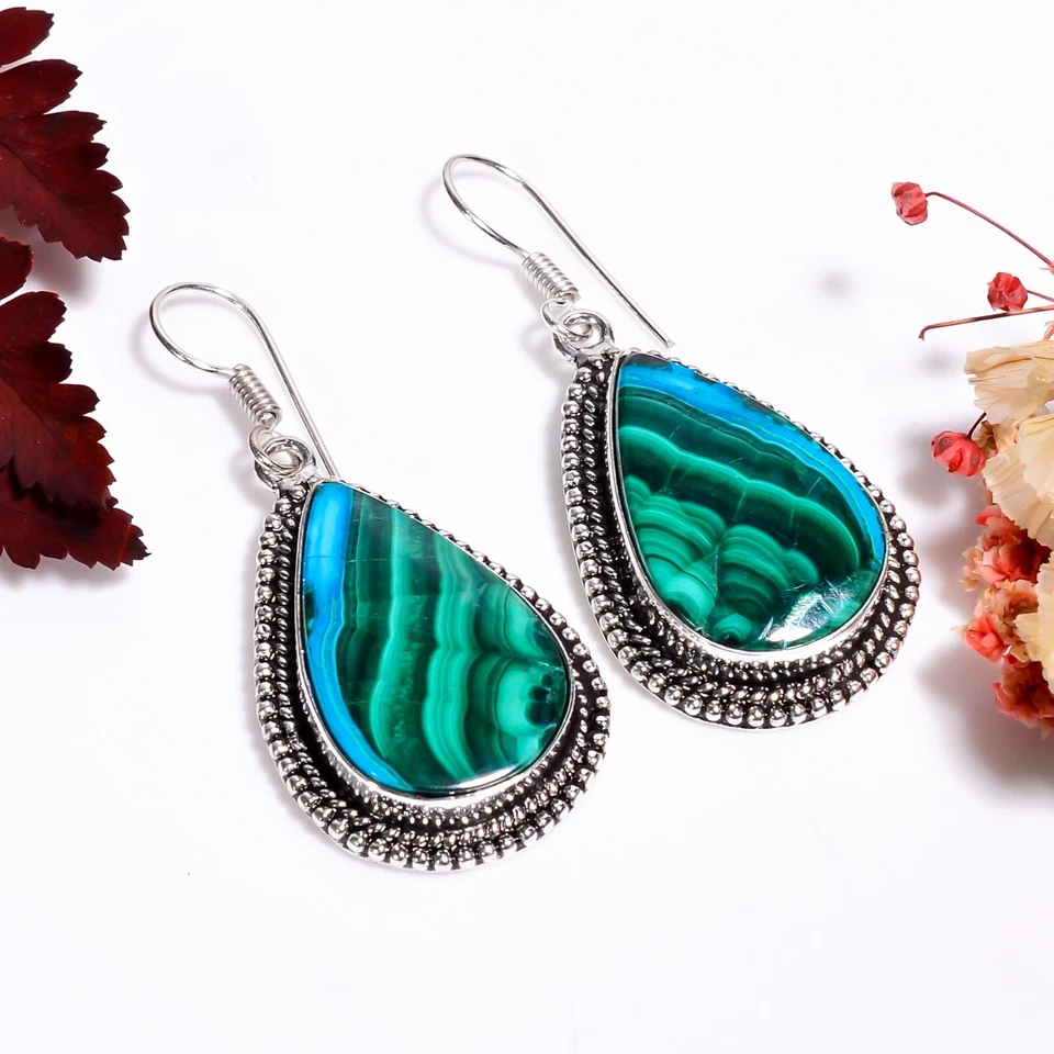 Pendientes de plata 925 hechos a mano con piedras preciosas de malaquita de crisocola Foto 4 de 4