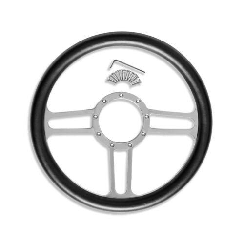 14" Chrome Billet Aluminum Tri Spoke Steering Wheel 9 Holes & Smooth Horn Button - Picture 4 of 6