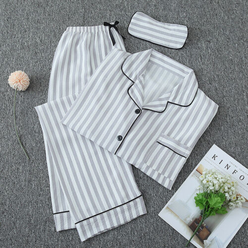 Spring Womens Pajama Set Soft Long Sleeve Button Down Sleepwear 3 Piece Striped