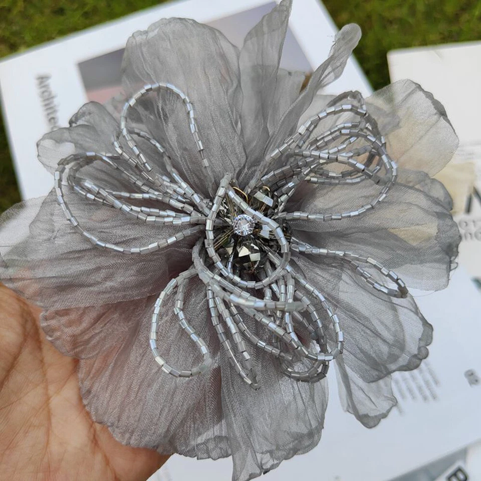 1PC Beaded 3D Flower Patches Organza Applique DIY Headdress Clothes Decor Craft - Image 4 of 4