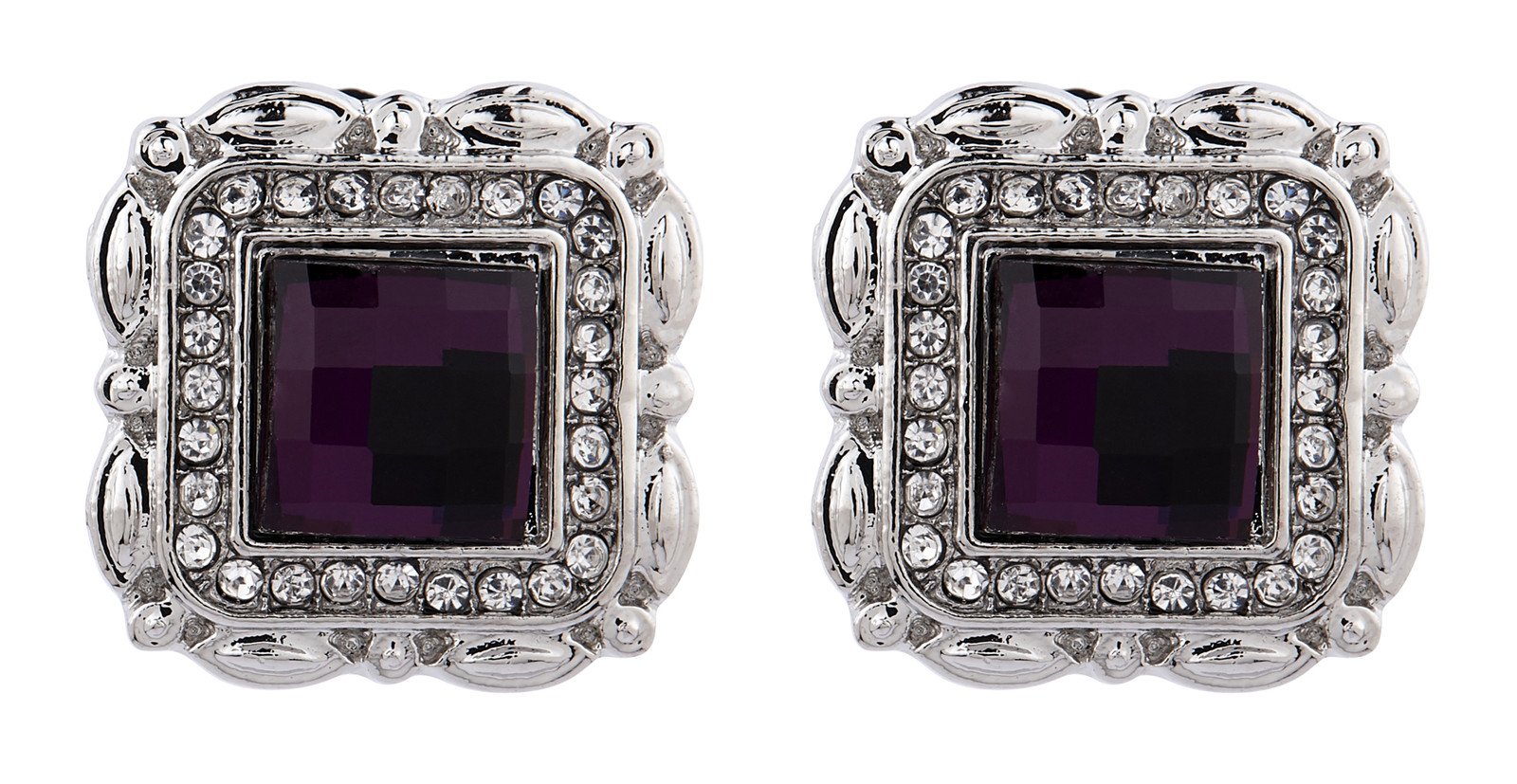 CLIP ON EARRINGS - silver stud with a purple stone and clear crystals - Wilma