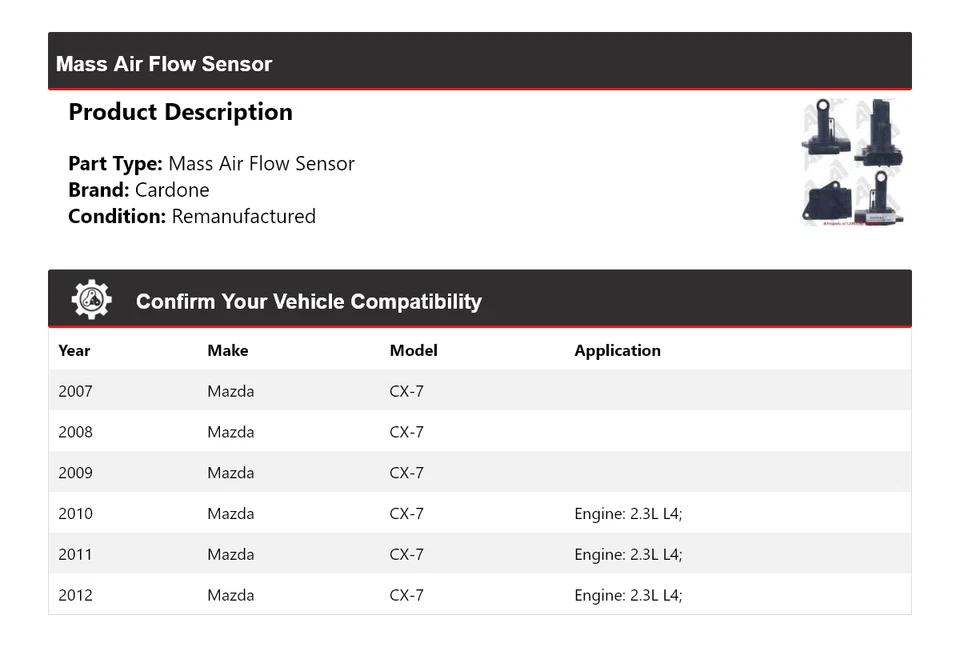 Sensor de flujo de aire másico Cardone 2008 2009 2010 2011 para Mazda CX-7 2007-2012 Foto 2 de 4