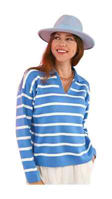 Blau Weiß Gestreifter Pullover Warm Stricksweater Trend Look Strickpullover