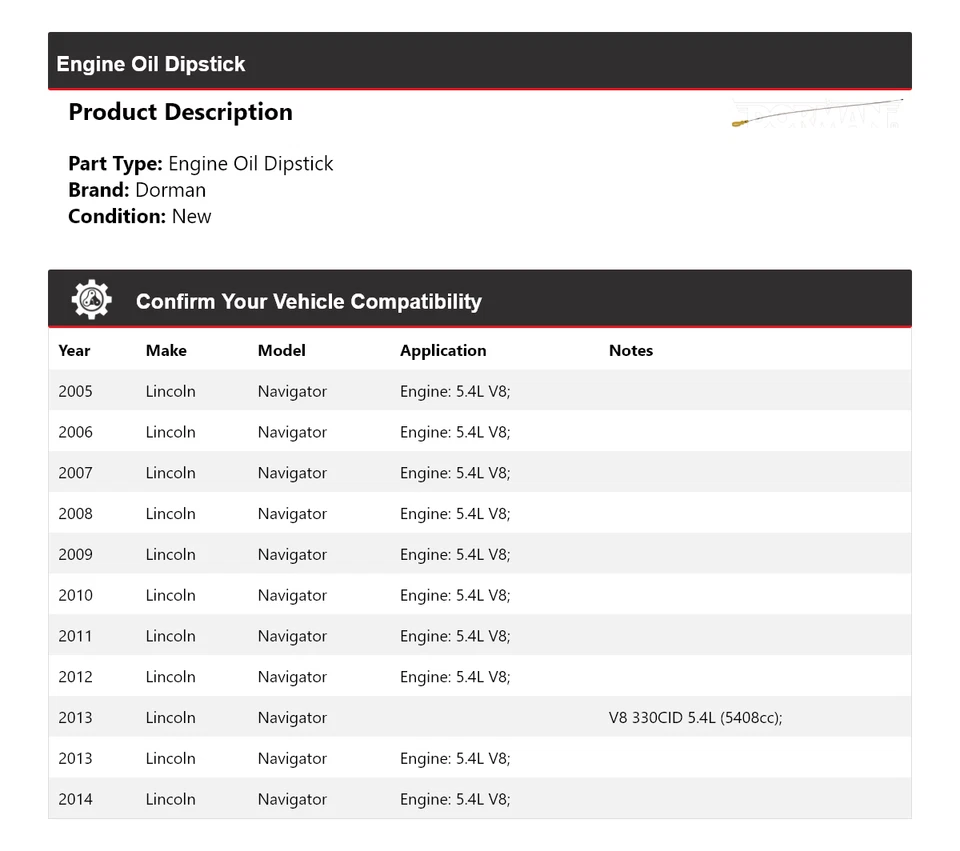 Varilla de medición de aceite de motor Lincoln Navigator Dorman 2005-2014 2006 2007 2008 2009 Foto 2 de 4