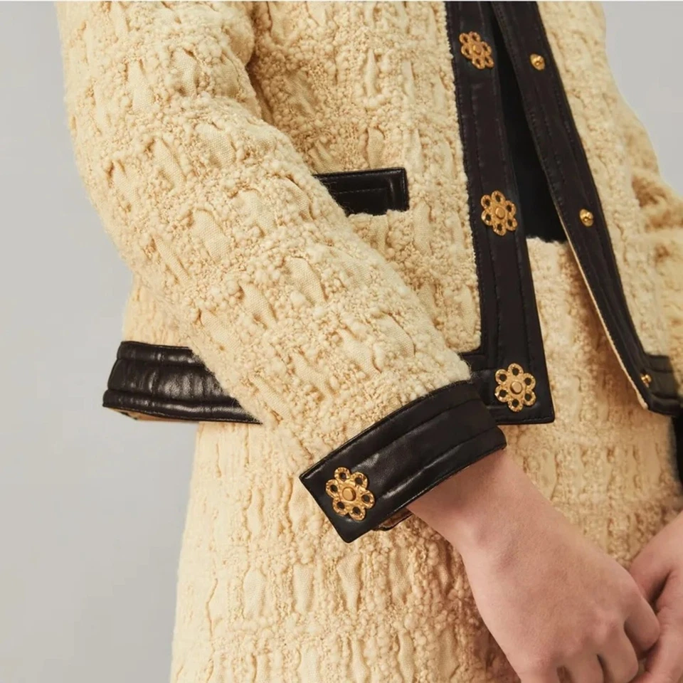 Tory Burch Cropped Boxy Tweed Wool Blend Blazer Jacket Size 0 Dark Natural Ivory - Image 3 of 4