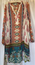 Anthropologie Raga Golden Sunset Boho Tunic Dress Size S Red Aqua Teal Gold