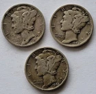 Lot Of Three (3) Mercury Dimes 90% Silver, 1942, 1943, 1944-S