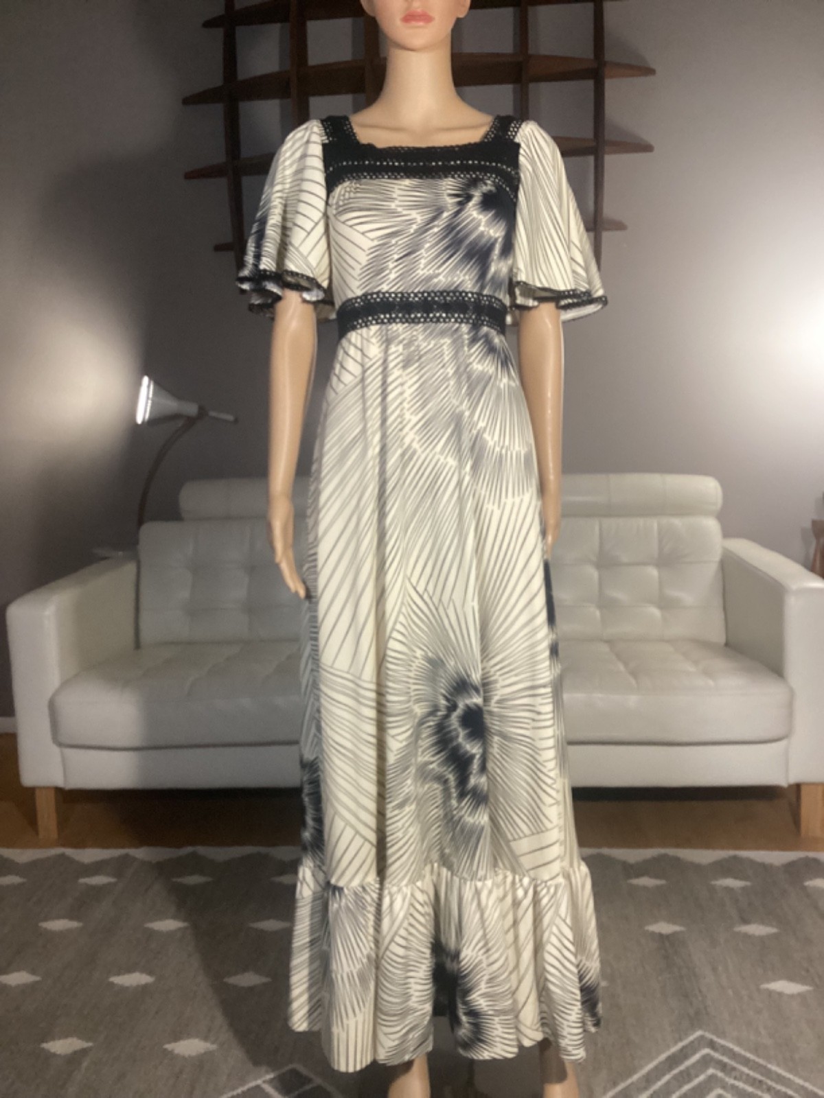 Black and cream crochet maxi dress with flutter sleeves