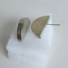 Silver Tone Half-Moon Stud Earrings Modern Minimalist Design