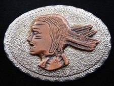 RI09130 VINTAGE 1970s  INDIAN  ART PEWTER BELT BUCKLE