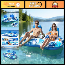 2-Person Inflatable River Tube Float - Heavy Duty Pool Lake Water Float with C