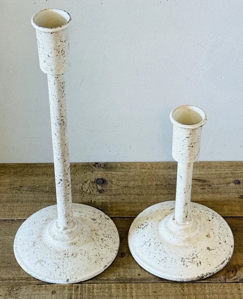 2 Antique White Metal Candlesticks Chippy Distressed Farmhouse Rustic NWOT - Image 2 of 3