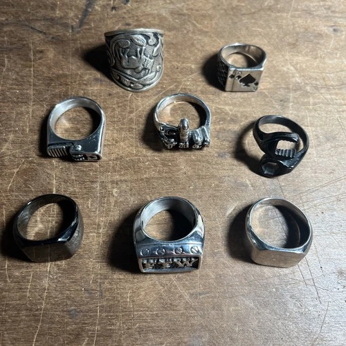 8 Vintage Biker Costume Man's Jewelry Rings Lot Mixed Sizes 9-12 - J1