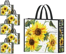 5 Pack Reusable Shopping Bags Sun Flowers Washable Grocery Bags Fabric Tote Bag