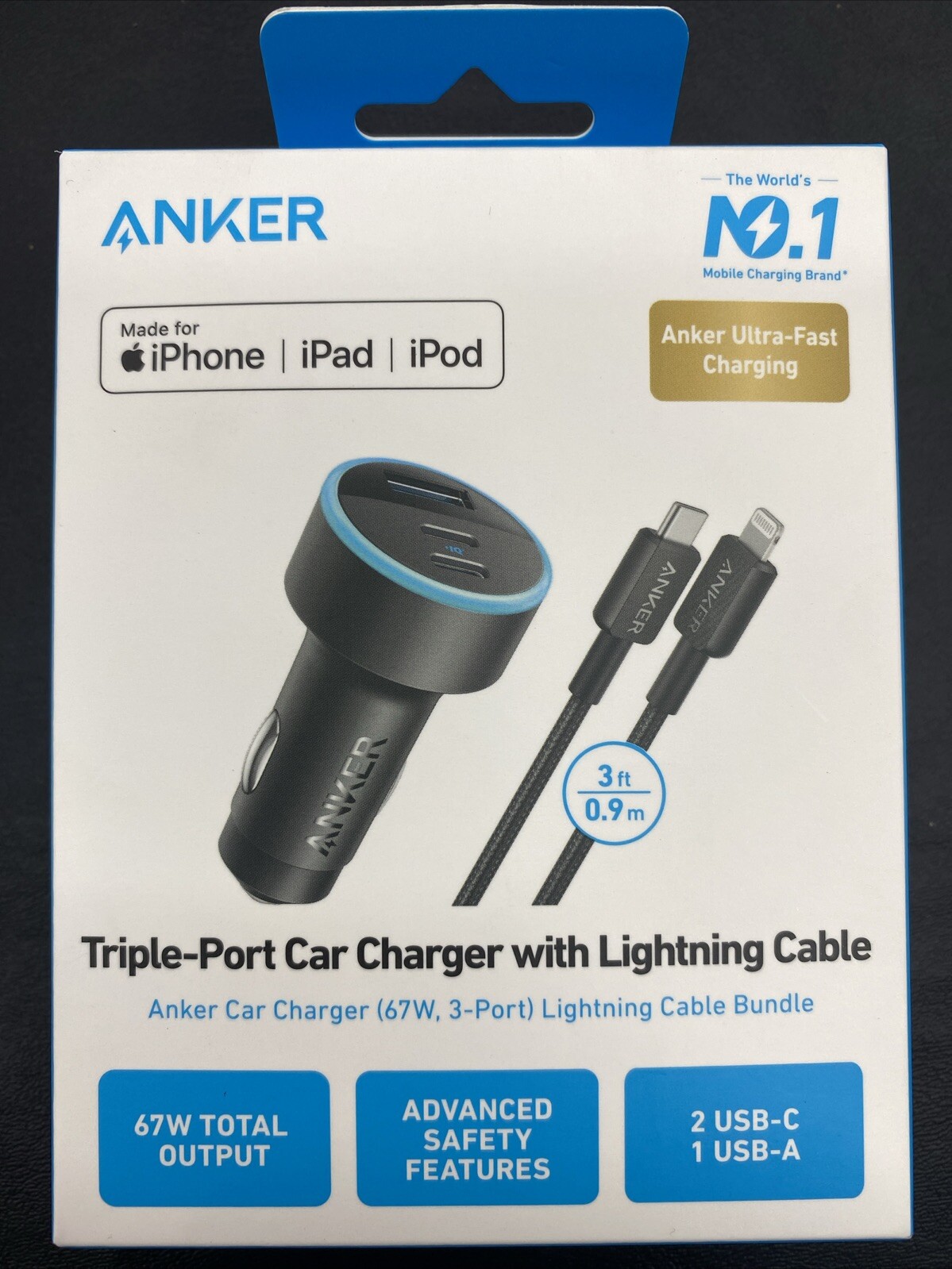⚡️Anker 3-Port 67W Car Charger with 3' USB-C to USB-C Cable - Black⚡️