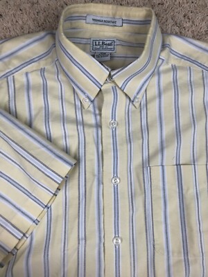 LL Bean Button Up Shirt Yellow Blue Gray Striped Size 16 Reg 0AUR8 Short Sleeve
