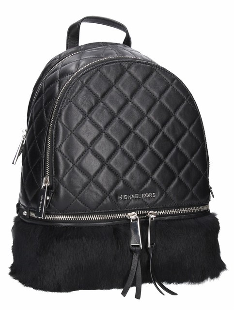 Michael Kors Rhea Quilted Zip Medium Black Leather Fur Backpack Bag Michael Kors Rhea Zip Medium Fur Backpack