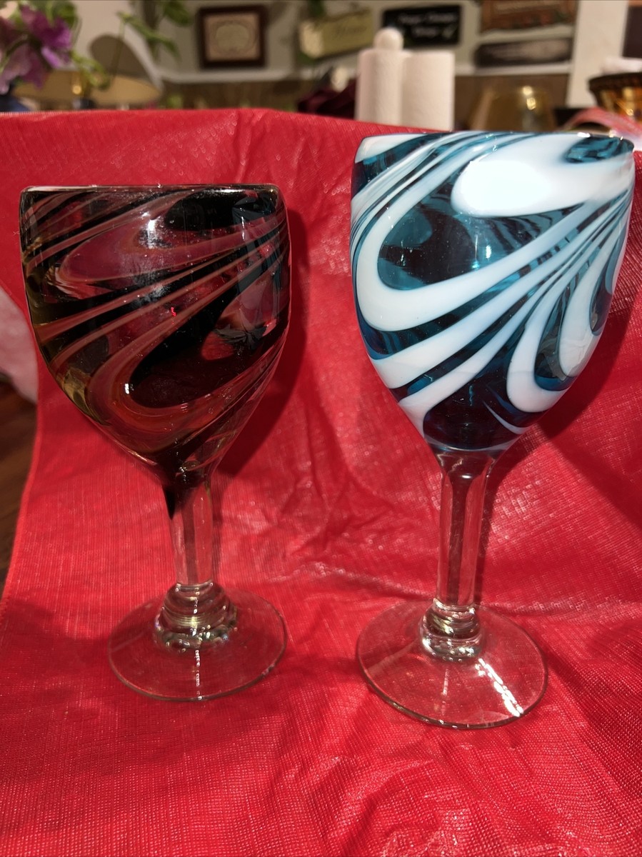 Vintage Hand Blown Wine Water Glasses Goblets Red & Black and Aqua Blue 2