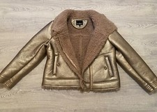Sam Edelman Jacket Coat Gold Teddy Fur Leather Aviator Fly Biker Xl 10 12 14