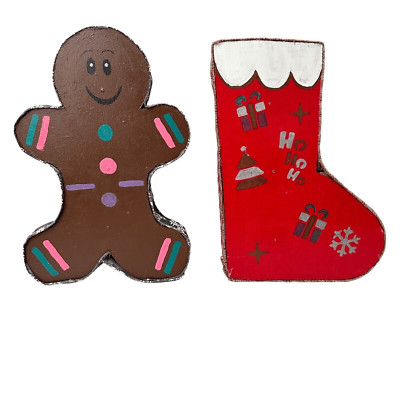 Pair of Vtg 10  Handmade Wooden Stocking & Ginger Bread Man Christmas Figurines