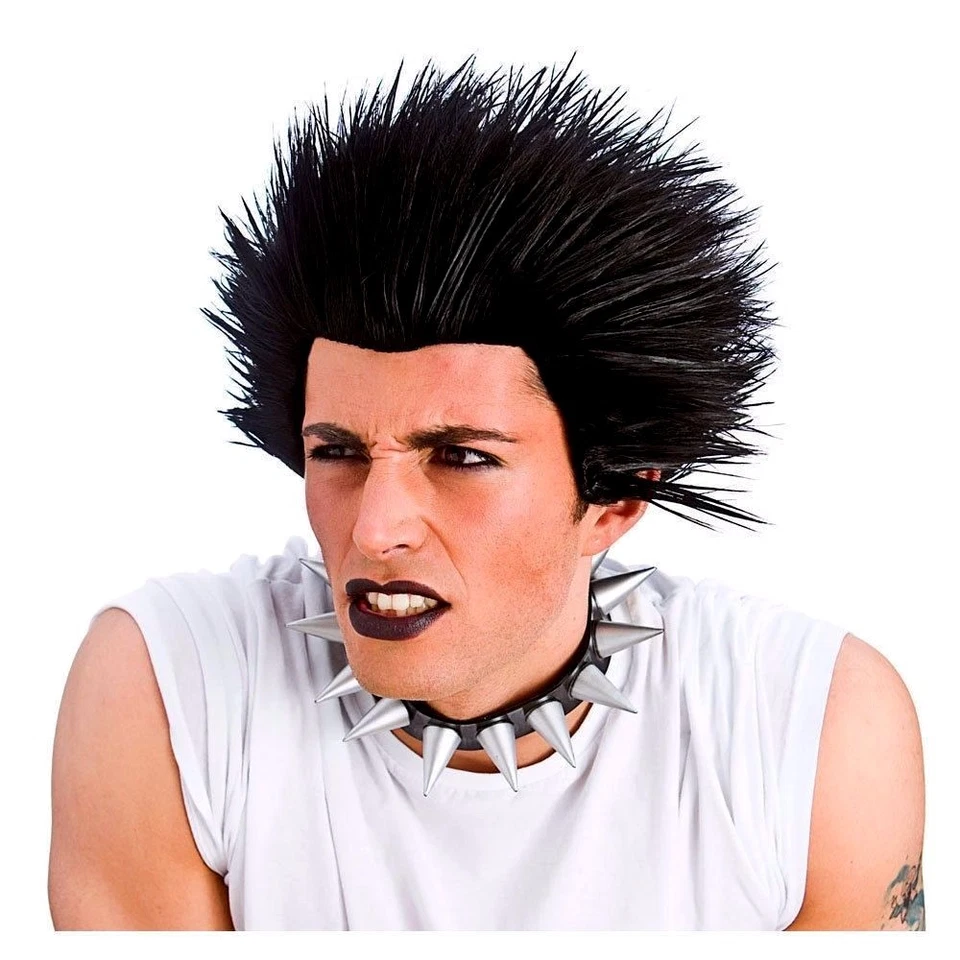 WICKED COSTUMES Unisex PUNK WIG or Choker Rock Black Hair Sid Vicious 80s Fancy Dress Accessory