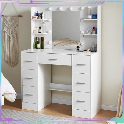 Modern Dresser Desk with 7 Drawers and Shelves 10 LED Lighted Mirror UK - Picture 5 of 9