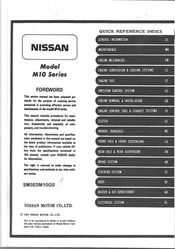 Nissan Prairie M10 1.5L FWD Factory Workshop Repair Manual with MPN SM3E0M10G0 - Picture 3 of 3