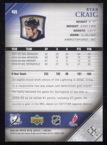 2005-06 UPPER DECK 469 RYAN CRAIG YOUNG GUNS ROOKIE RC TAMPA BAY LIGHTNING NHL - Picture 2 of 2