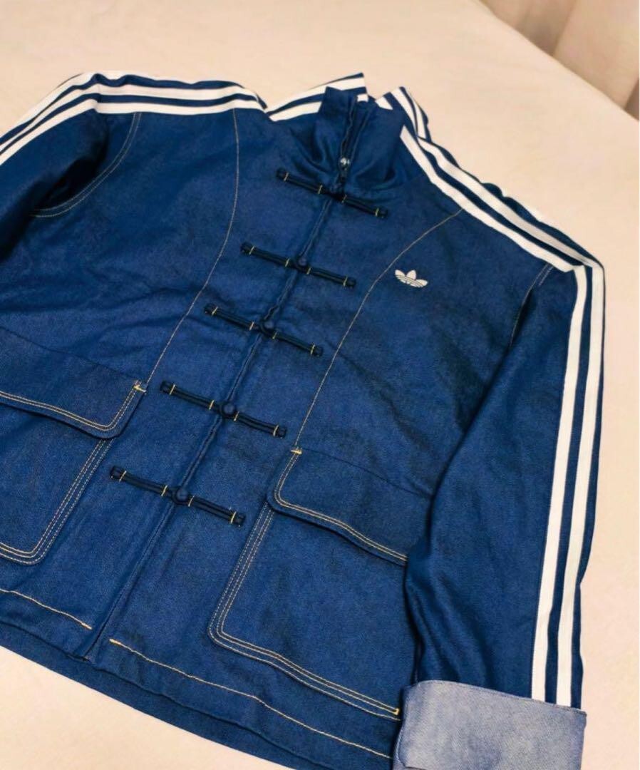 adidas denim jacket, deep blue, unisex, XL size Stand collar