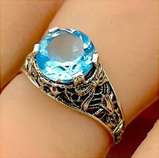 ANTIQUE STYLE GENUINE SKY BLUE TOPAZ 925 STERLING SILVER FILIGREE RING    977