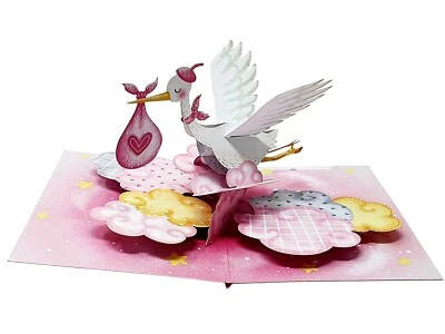 ASVP SHOP Baby Girl Pink Crane 3D Pop-Up Card | Handmade Baby Shower & Newborn Greeting