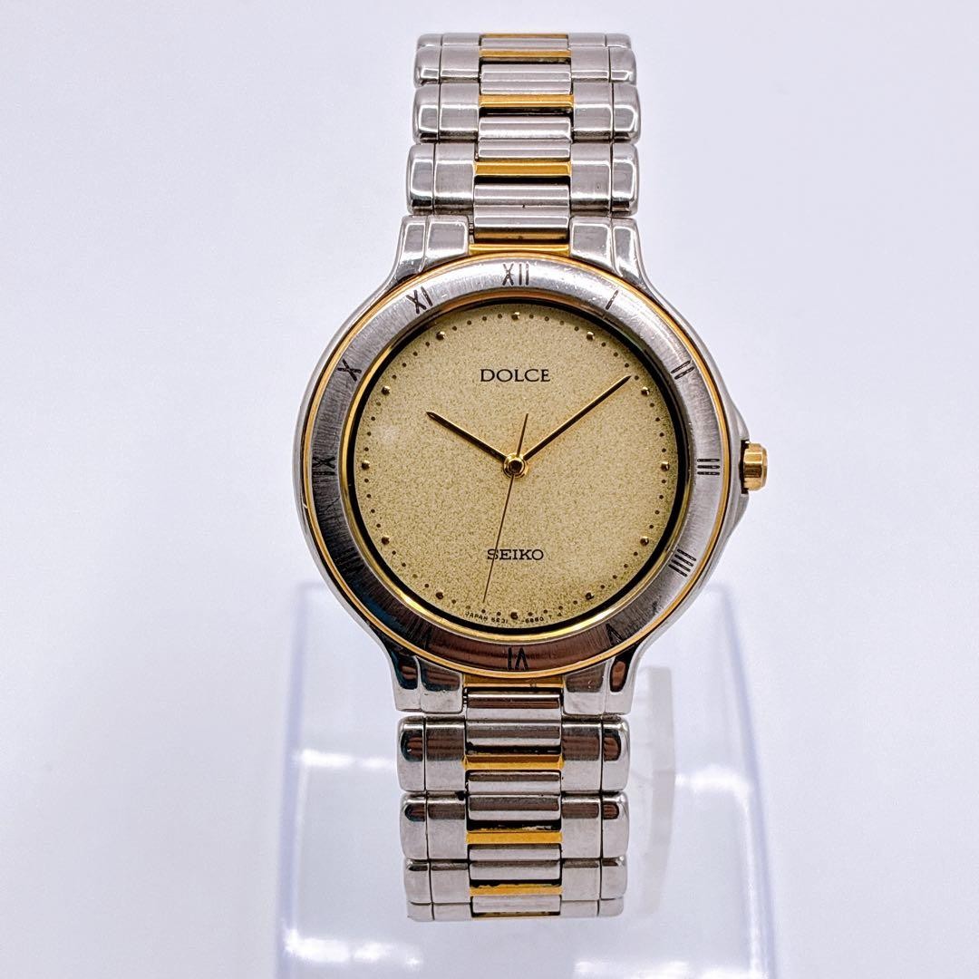 St.Steel Mens Seiko Watch Auth Quartz Dolce 5E31-6B8A Works Silver Gold Round - vintagewatches.pk